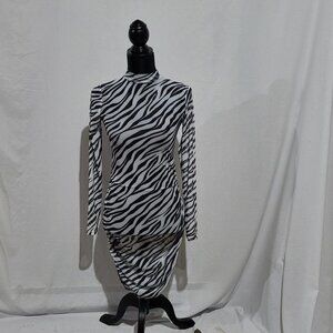Nasty Gal dress zebra mini black white stripe ruched sheer mesh animal print new